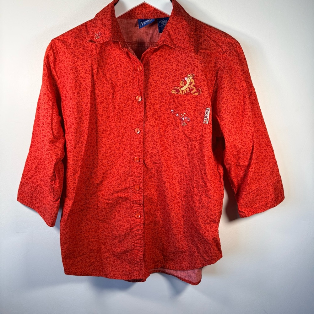 Pooh Vintage Disney Tigger Embroidered Button Up Shirt Men’s S Floral 3/4 Sleeve